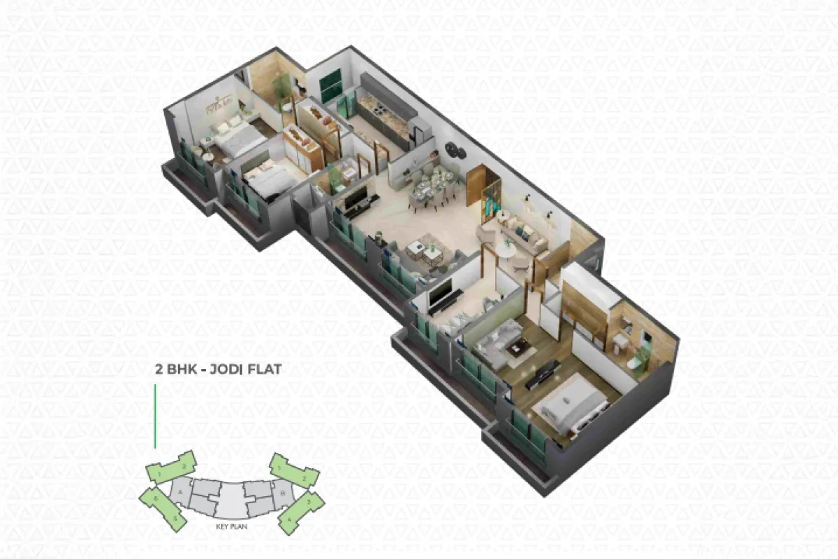 2 BHK apartment floor plan at Sonam Mira Crest, Mira Road | 850 sqft with balcony and modular kitchen