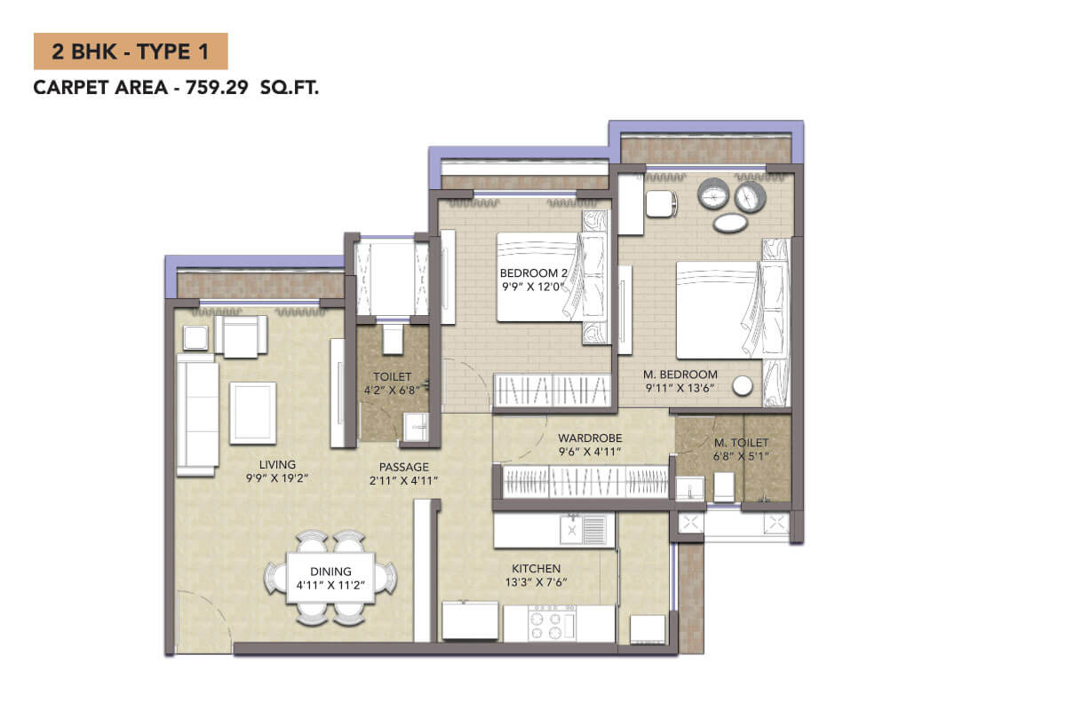 2 BHK apartment floor plan at Sonam Mira Crest, Mira Road | 850 sqft with balcony and modular kitchen