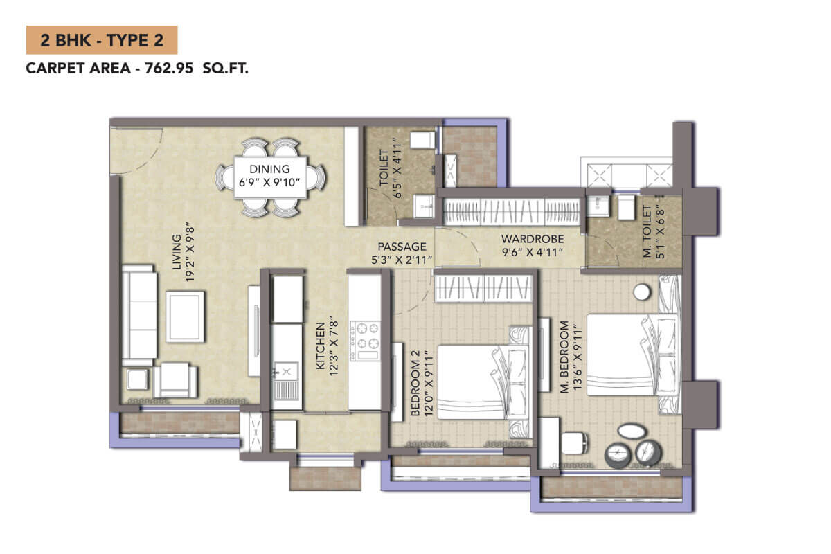2 BHK apartment floor plan at Sonam Mira Crest, Mira Road | 850 sqft with balcony and modular kitchen