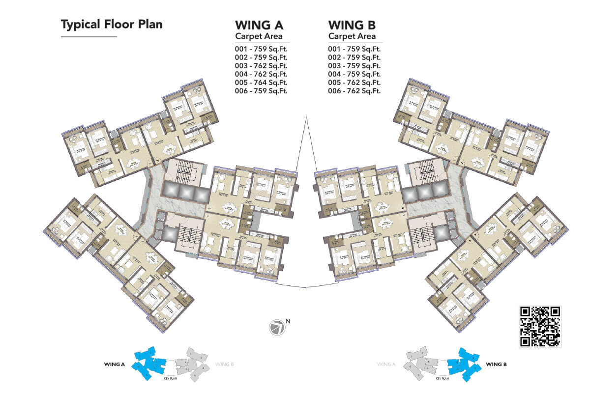 2+2 Jodi flats combined floor plan at Sonam Mira Crest | 1650 sqft with dual balconies and shared living space